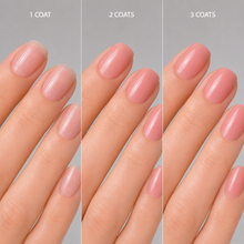 Load image into Gallery viewer, Nail color swatch showing a semi transparency light peachy nail polish  1 coat to 3 coats on a grey background.
