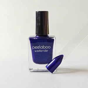 peelable water-based 'peacock' polish bottle with colored sample nail
